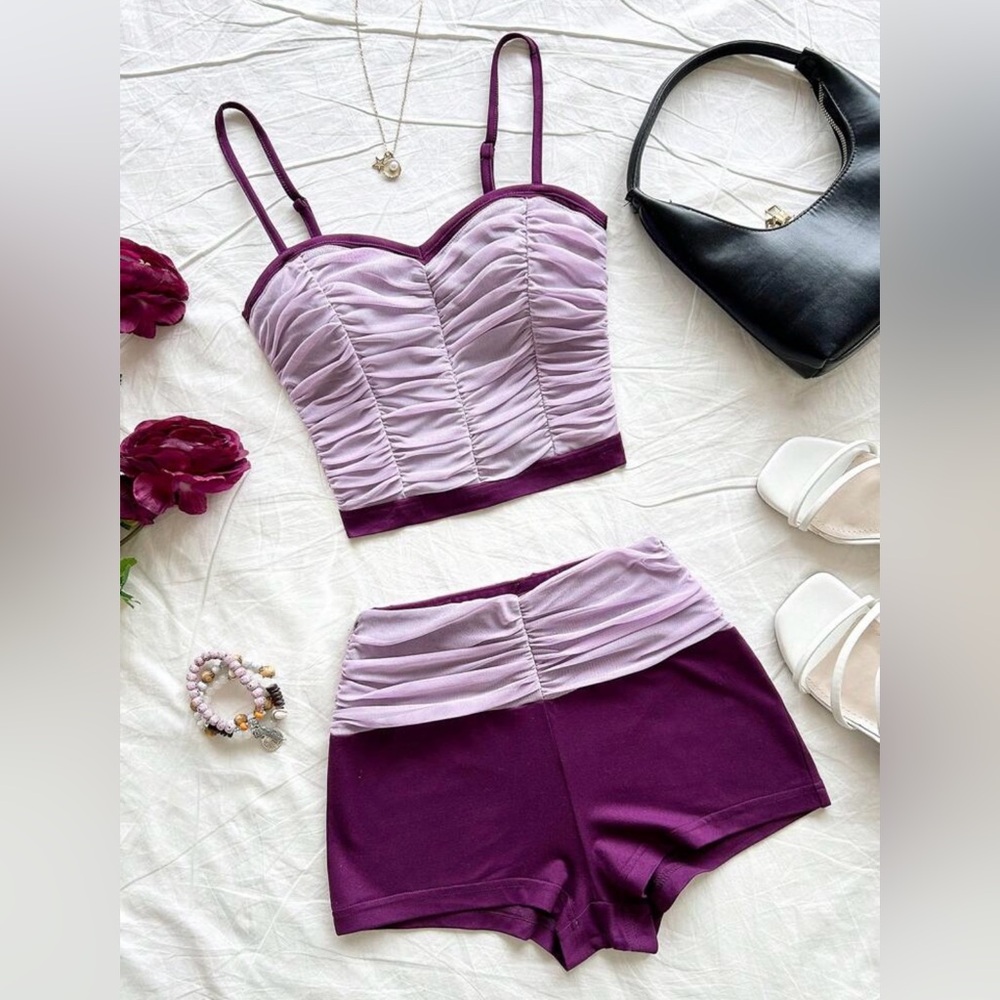 Purple Ruched Crop Top and Shorts Set